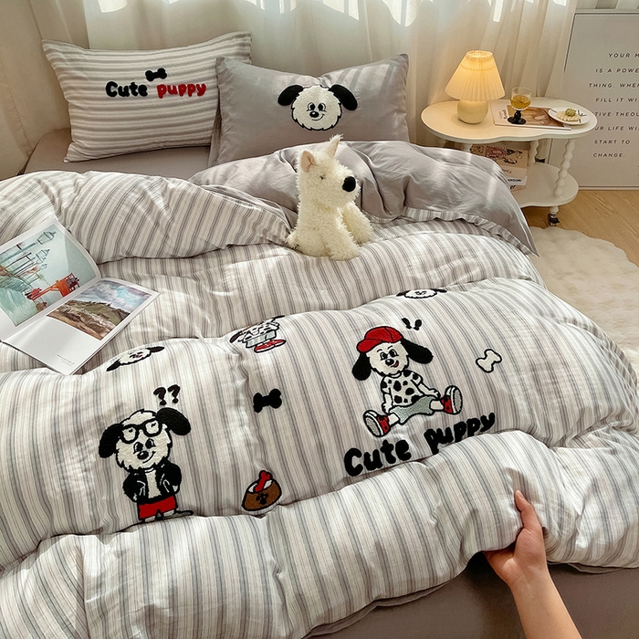 炫拼家纺 2026新款全棉A类双层纱卡通毛巾绣四件套-泡芙系列 泡芙-小狗