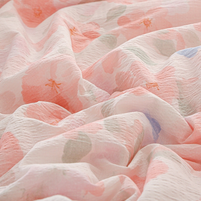 91家纺网 家纺一手货源 找家纺 亚龙工厂店 2026春夏新款爆款法式小香风皱皱纱木棉大豆被夏被 十里桃花