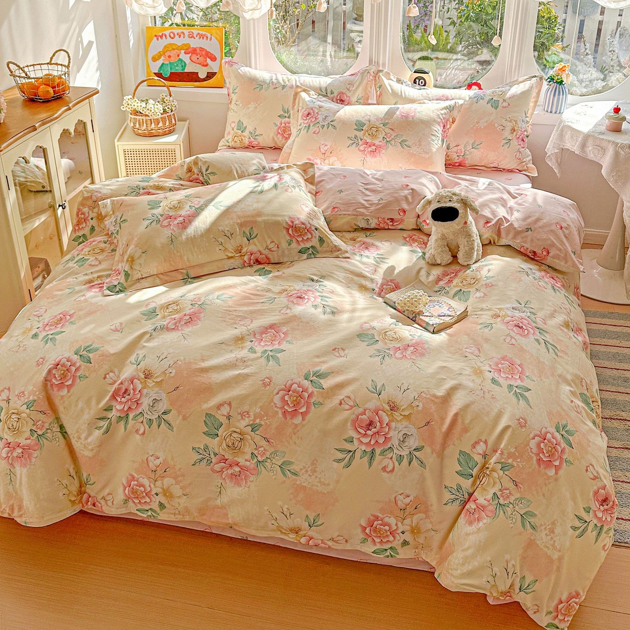 91家纺网 家纺一手货源 找家纺 恩泽家纺 2026新款13372ins全棉印花四件套单品系列-四件套 晨曦海棠