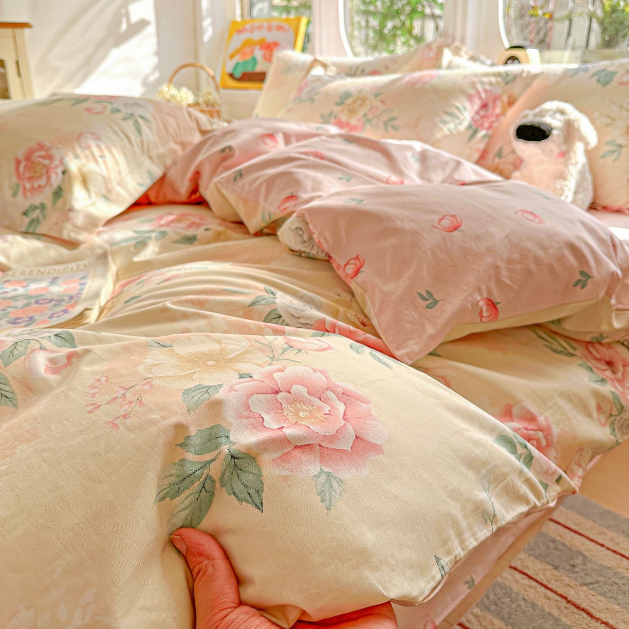 91家纺网 家纺一手货源 找家纺 恩泽家纺 2026新款13372ins全棉印花四件套单品系列-四件套 晨曦海棠