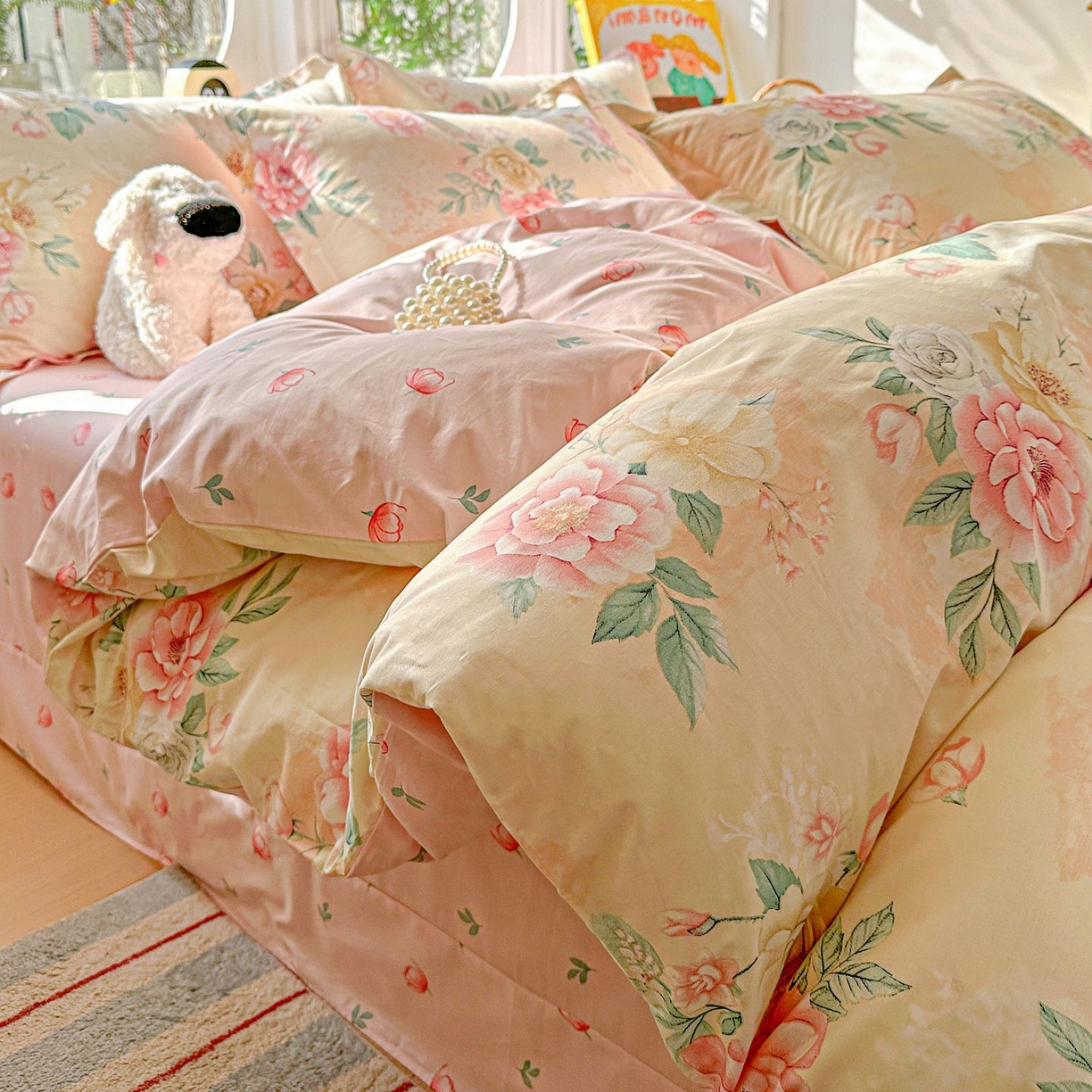 91家纺网 家纺一手货源 找家纺 恩泽家纺 2026新款13372ins全棉印花四件套单品系列-四件套 晨曦海棠