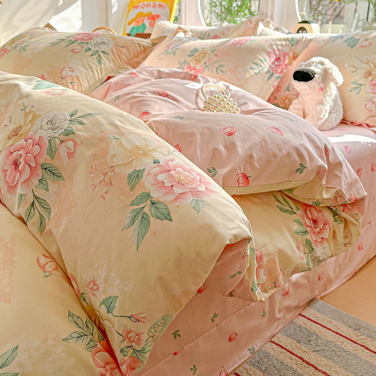 91家纺网 家纺一手货源 找家纺 恩泽家纺 2026新款13372ins全棉印花四件套单品系列-四件套 晨曦海棠