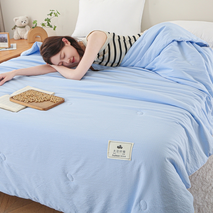 91家纺网 家纺一手货源 找家纺 亚龙工厂店 2026春夏新款爆款法式小香风皱皱纱木棉大豆被夏被 天蓝色