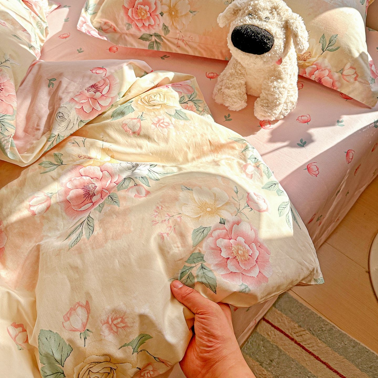 91家纺网 家纺一手货源 找家纺 恩泽家纺 2026新款13372ins全棉印花四件套单品系列-四件套 晨曦海棠