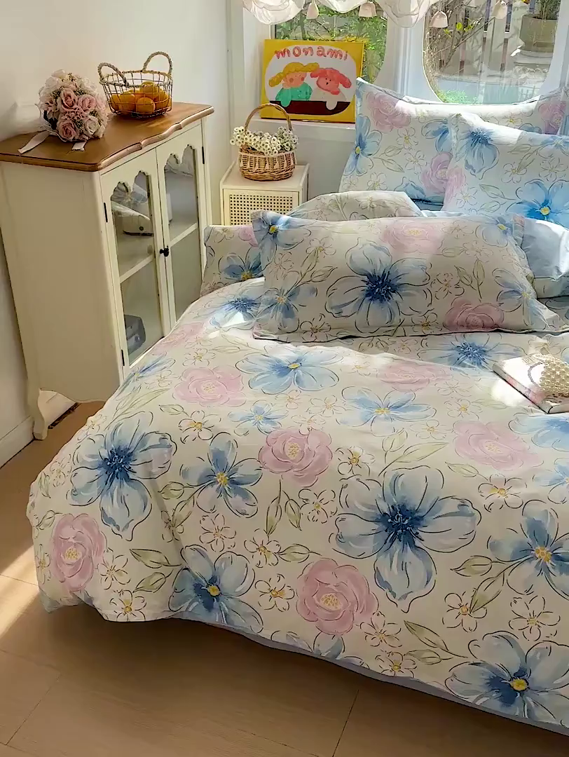 91家纺网 家纺一手货源 找家纺 恩泽家纺 2026新款13372ins全棉印花四件套单品系列-四件套 花影间