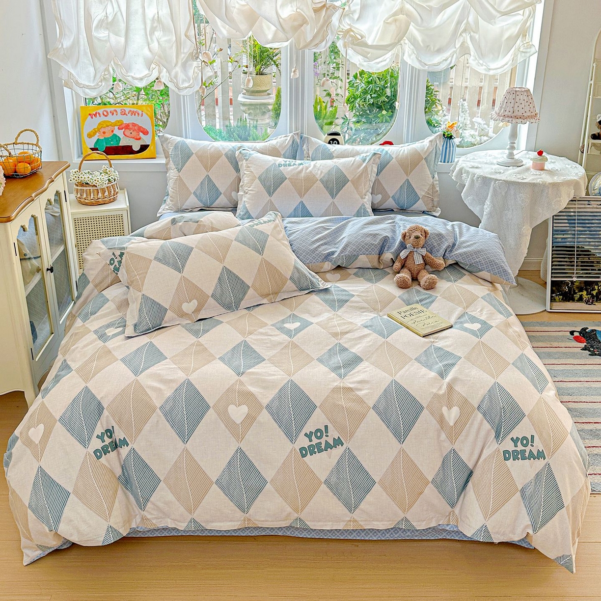 91家纺网 家纺一手货源 找家纺 恩泽家纺 2026新款13372ins全棉印花四件套单品系列-四件套 菱形世界