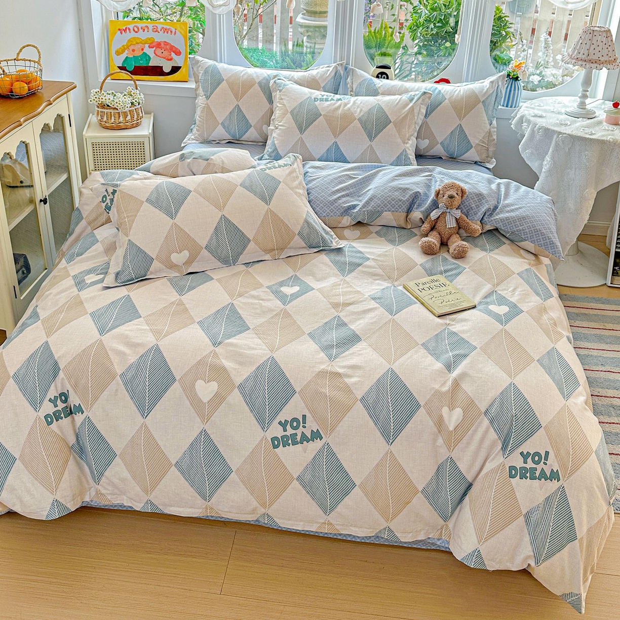 91家纺网 家纺一手货源 找家纺 恩泽家纺 2026新款13372ins全棉印花四件套单品系列-四件套 菱形世界