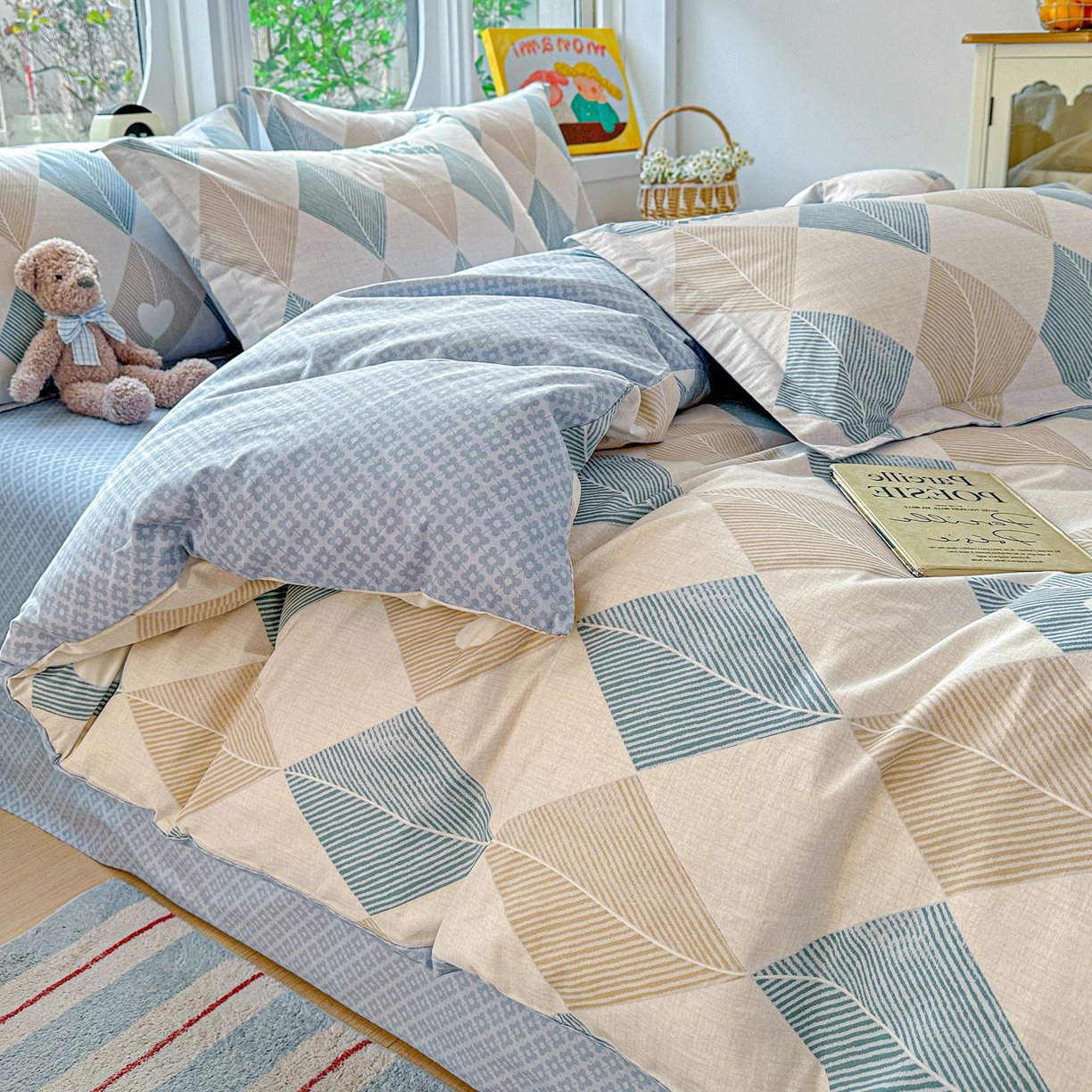 91家纺网 家纺一手货源 找家纺 恩泽家纺 2026新款13372ins全棉印花四件套单品系列-四件套 菱形世界