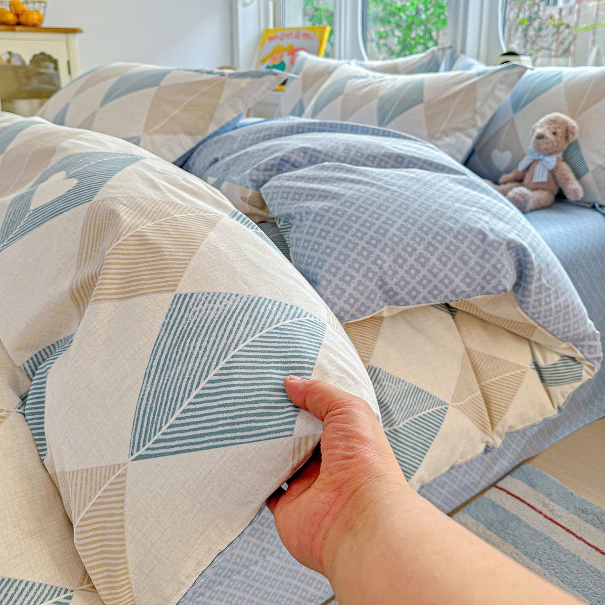 91家纺网 家纺一手货源 找家纺 恩泽家纺 2026新款13372ins全棉印花四件套单品系列-四件套 菱形世界