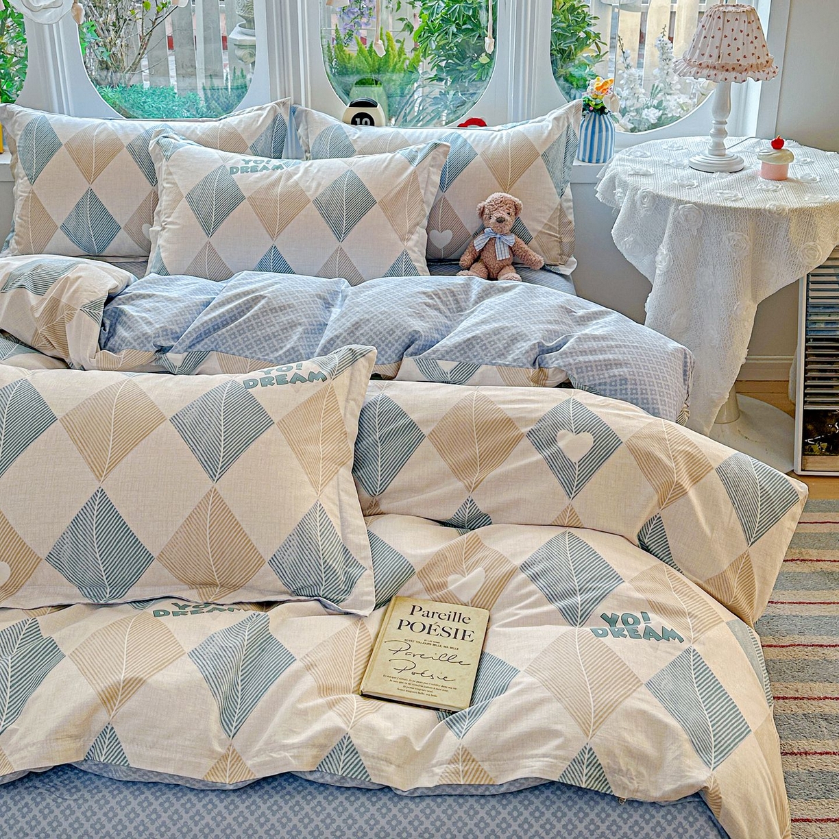 91家纺网 家纺一手货源 找家纺 恩泽家纺 2026新款13372ins全棉印花四件套单品系列-四件套 菱形世界