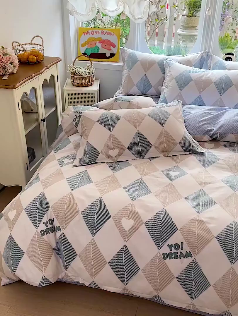 91家纺网 家纺一手货源 找家纺 恩泽家纺 2026新款13372ins全棉印花四件套单品系列-四件套 菱形世界