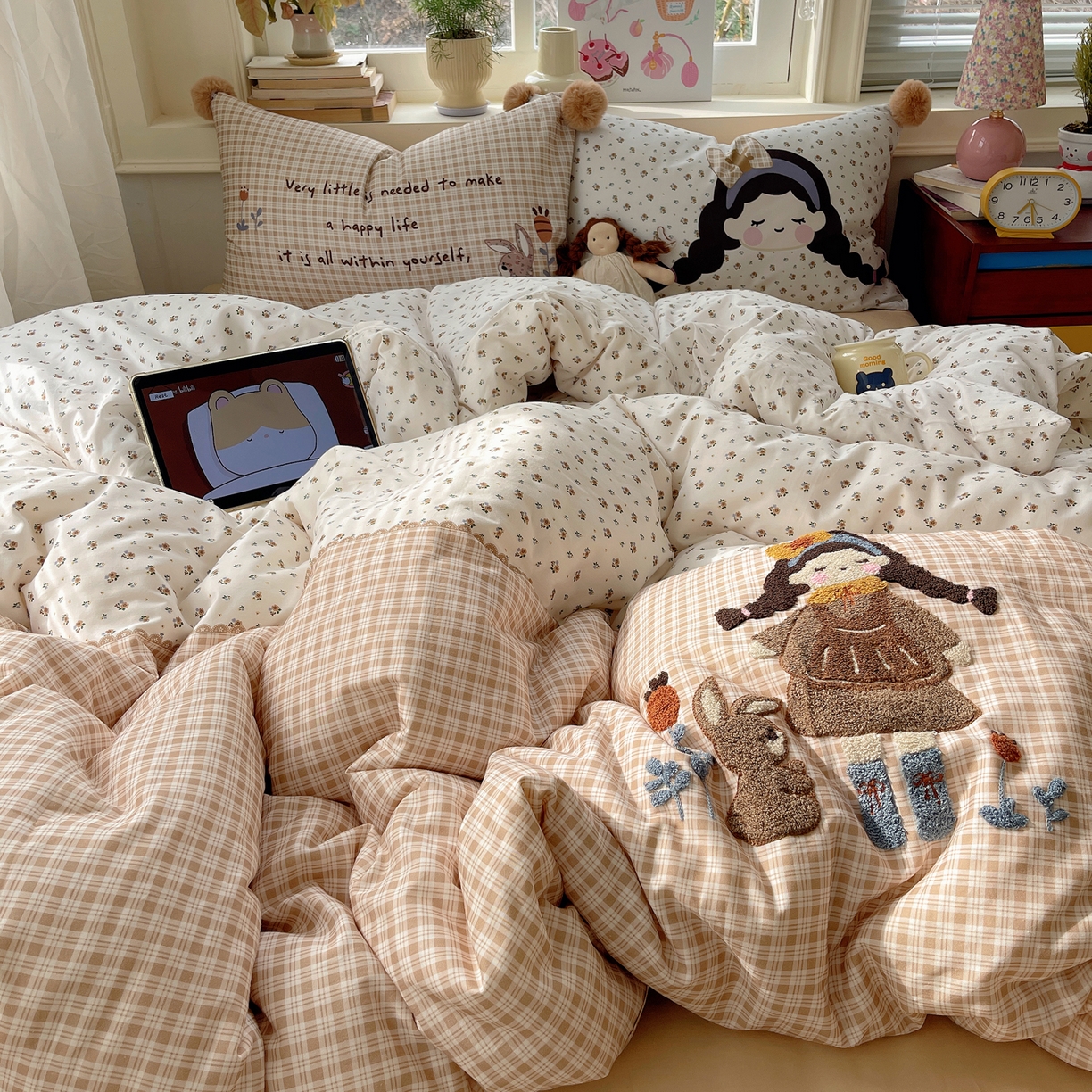 91家纺网 家纺一手货源 找家纺 丽涵家纺 2026新款全棉数码印花毛巾绣四件套-少女派 甜茶女孩