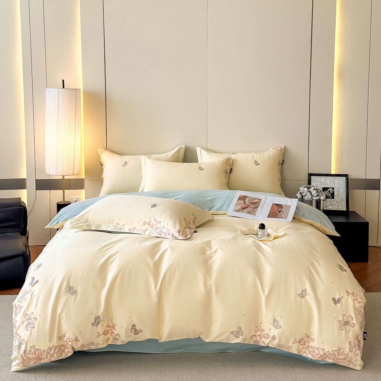 91家纺网 家纺一手货源 找家纺 乐美家纺 2026年春夏新品全棉刺绣花至系列四件套 花至（芝士黄）