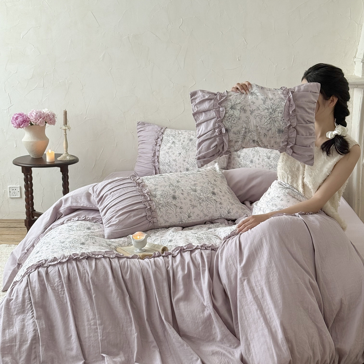 91家纺网 家纺一手货源 找家纺 （总）多乐娜 2026新款法式纯棉长绒棉双层纱四件套-月霓（会员-20，控价：329/349（券后最低！）请勿低价销售！）