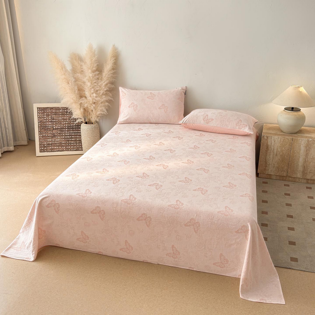 91家纺网 家纺一手货源 找家纺 涵宸家纺 2026新款全棉提花色坊系列单床单 床单-玫瑰花蝶-粉