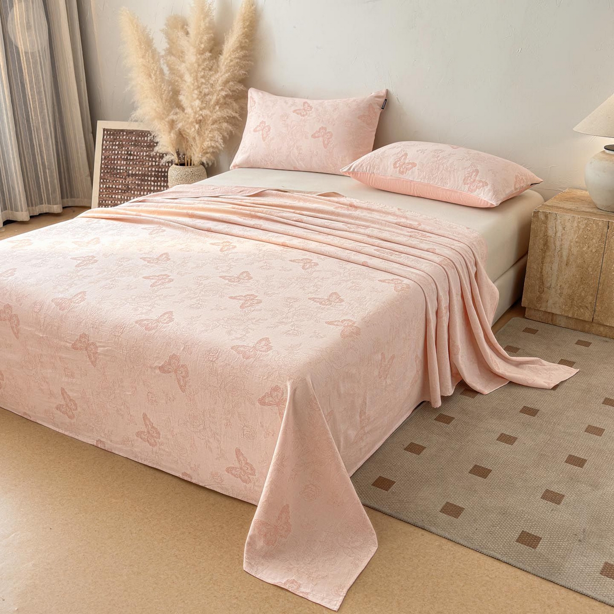 91家纺网 家纺一手货源 找家纺 涵宸家纺 2026新款全棉提花色坊系列单床单 床单-玫瑰花蝶-粉