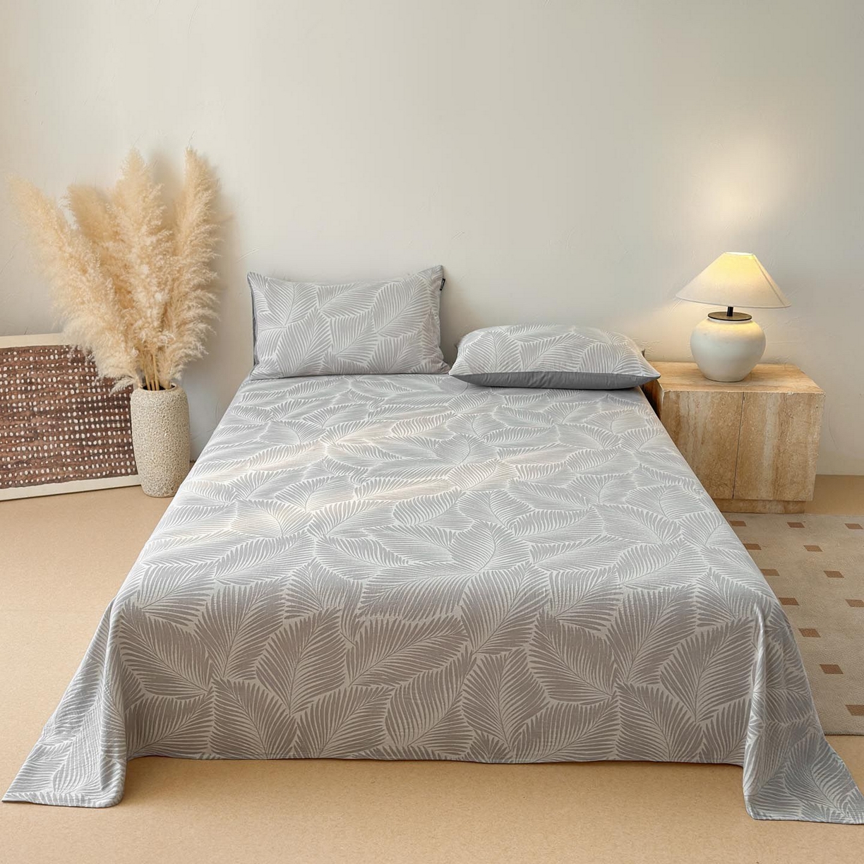 91家纺网 家纺一手货源 找家纺 涵宸家纺 2026新款全棉提花色坊系列单床单 床单-叶影-灰