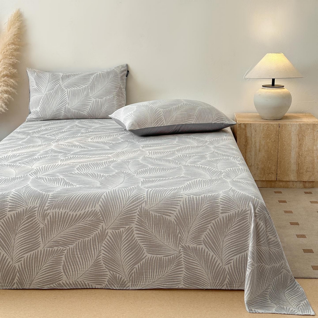 91家纺网 家纺一手货源 找家纺 涵宸家纺 2026新款全棉提花色坊系列单床单 床单-叶影-灰