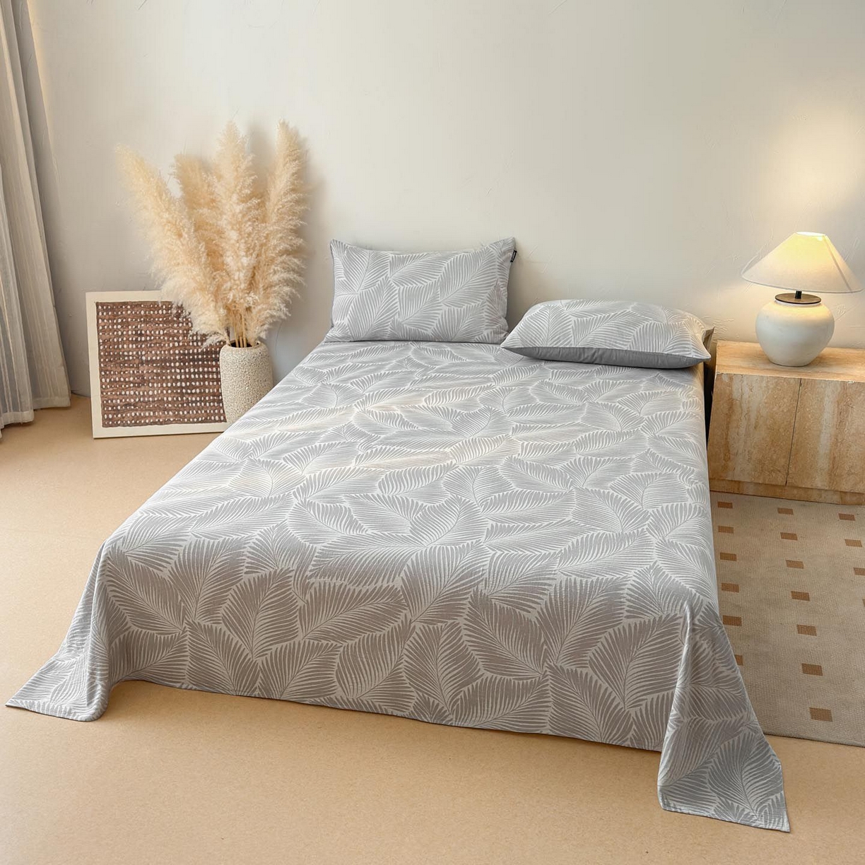 91家纺网 家纺一手货源 找家纺 涵宸家纺 2026新款全棉提花色坊系列单床单 床单-叶影-灰