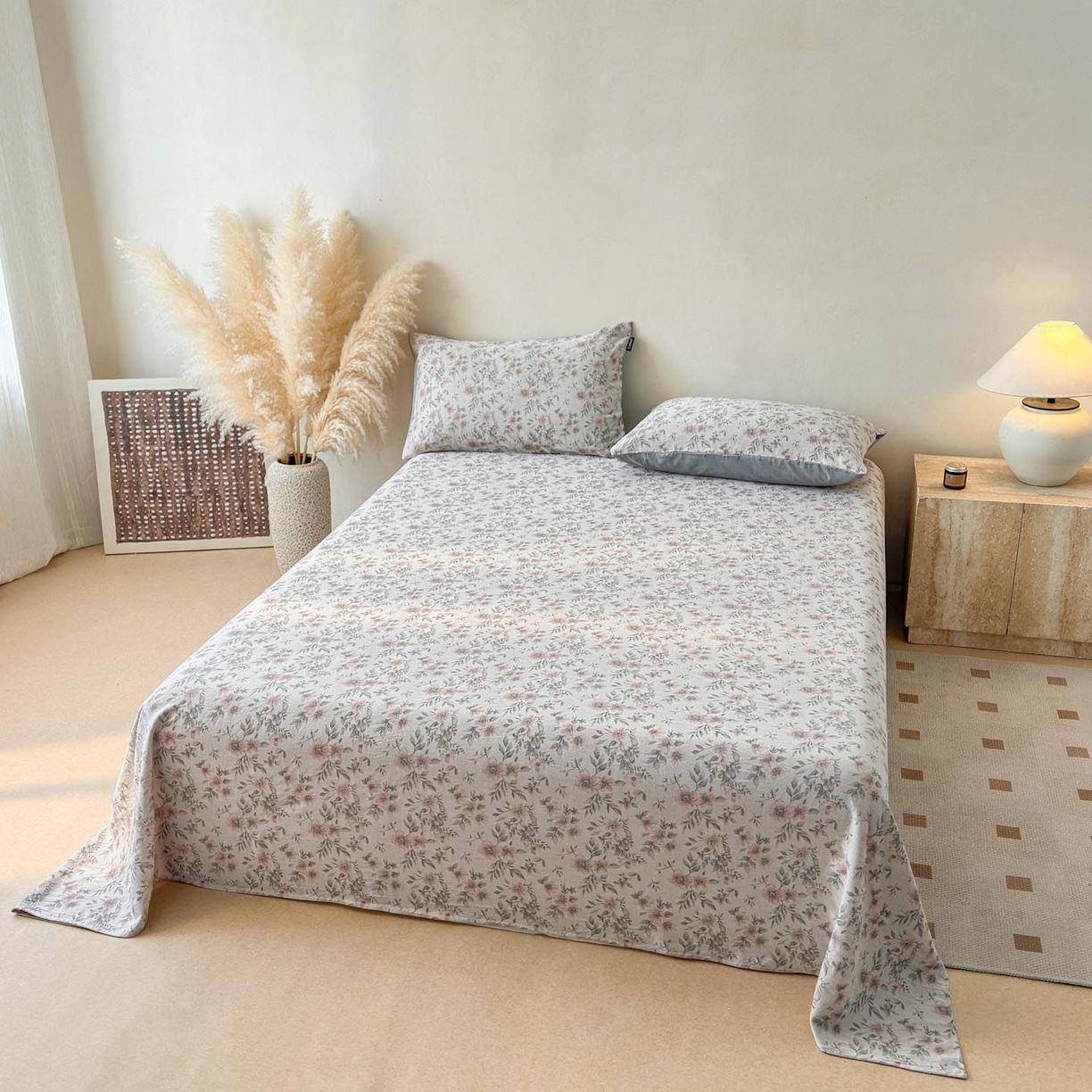 91家纺网 家纺一手货源 找家纺 涵宸家纺 2026新款全棉提花色坊系列单床单 床单-素薇-粉绿