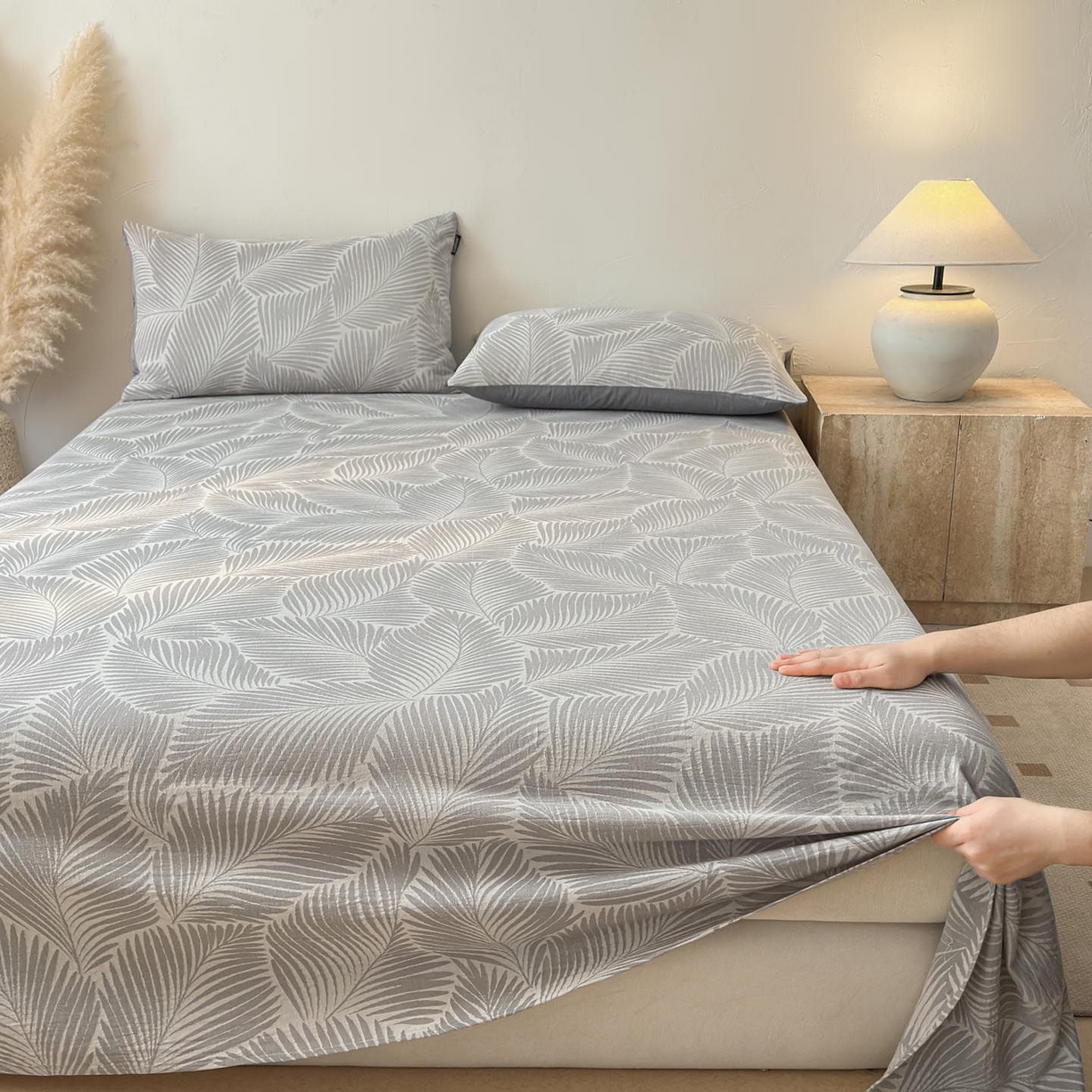 91家纺网 家纺一手货源 找家纺 涵宸家纺 2026新款全棉提花色坊系列单床单 床单-叶影-灰