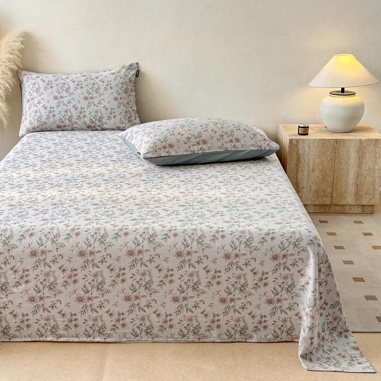 91家纺网 家纺一手货源 找家纺 涵宸家纺 2026新款全棉提花色坊系列单床单 床单-素薇-粉绿