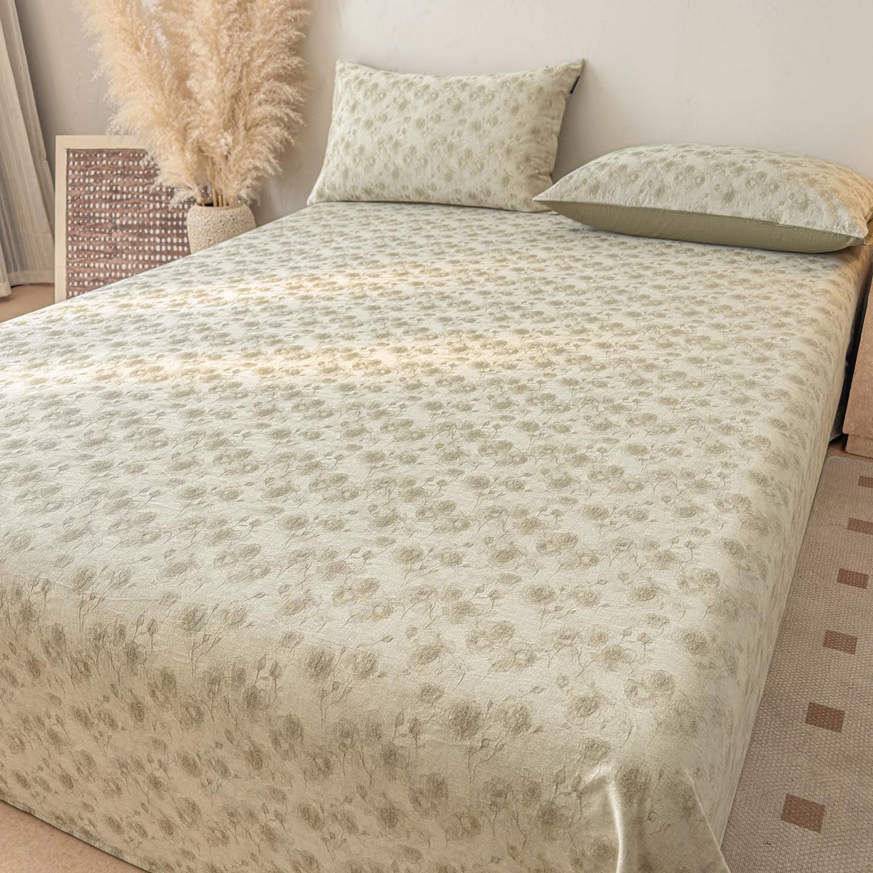 91家纺网 家纺一手货源 找家纺 涵宸家纺 2026新款全棉提花色坊系列单床单 床单-若梦-绿