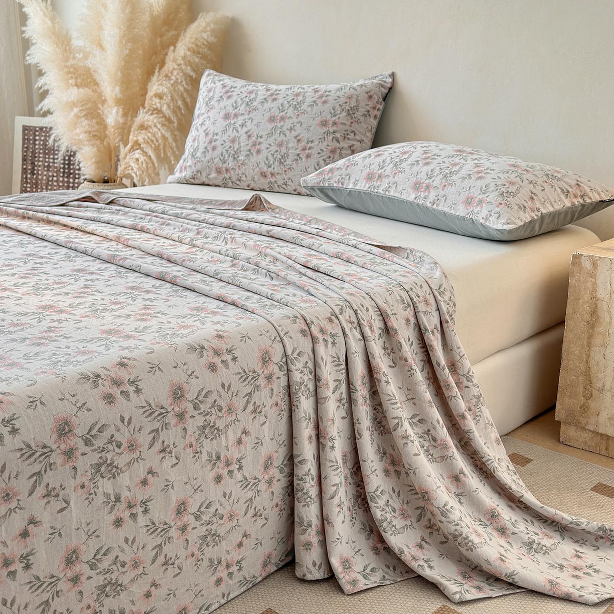 91家纺网 家纺一手货源 找家纺 涵宸家纺 2026新款全棉提花色坊系列单床单 床单-素薇-粉绿