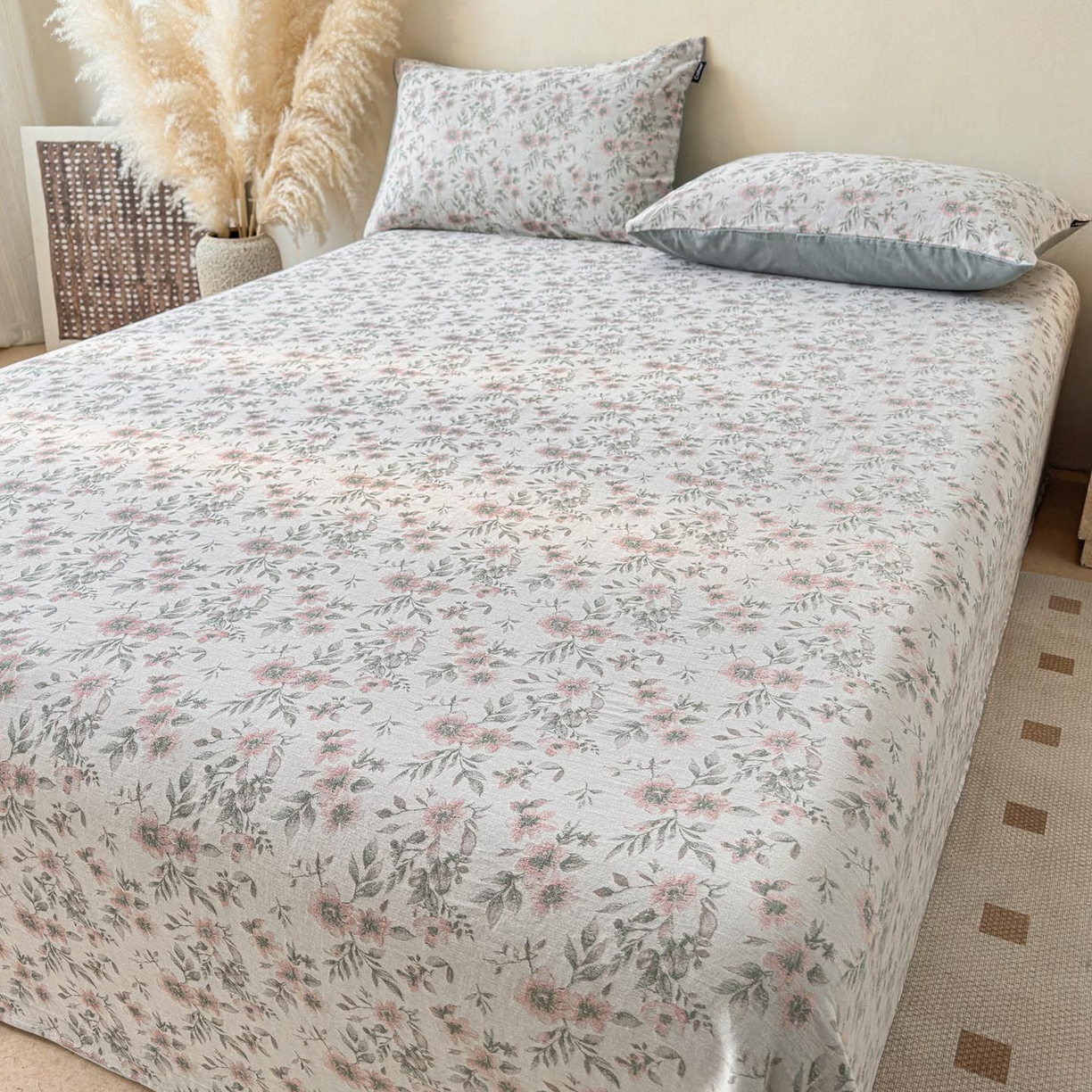 91家纺网 家纺一手货源 找家纺 涵宸家纺 2026新款全棉提花色坊系列单床单 床单-素薇-粉绿