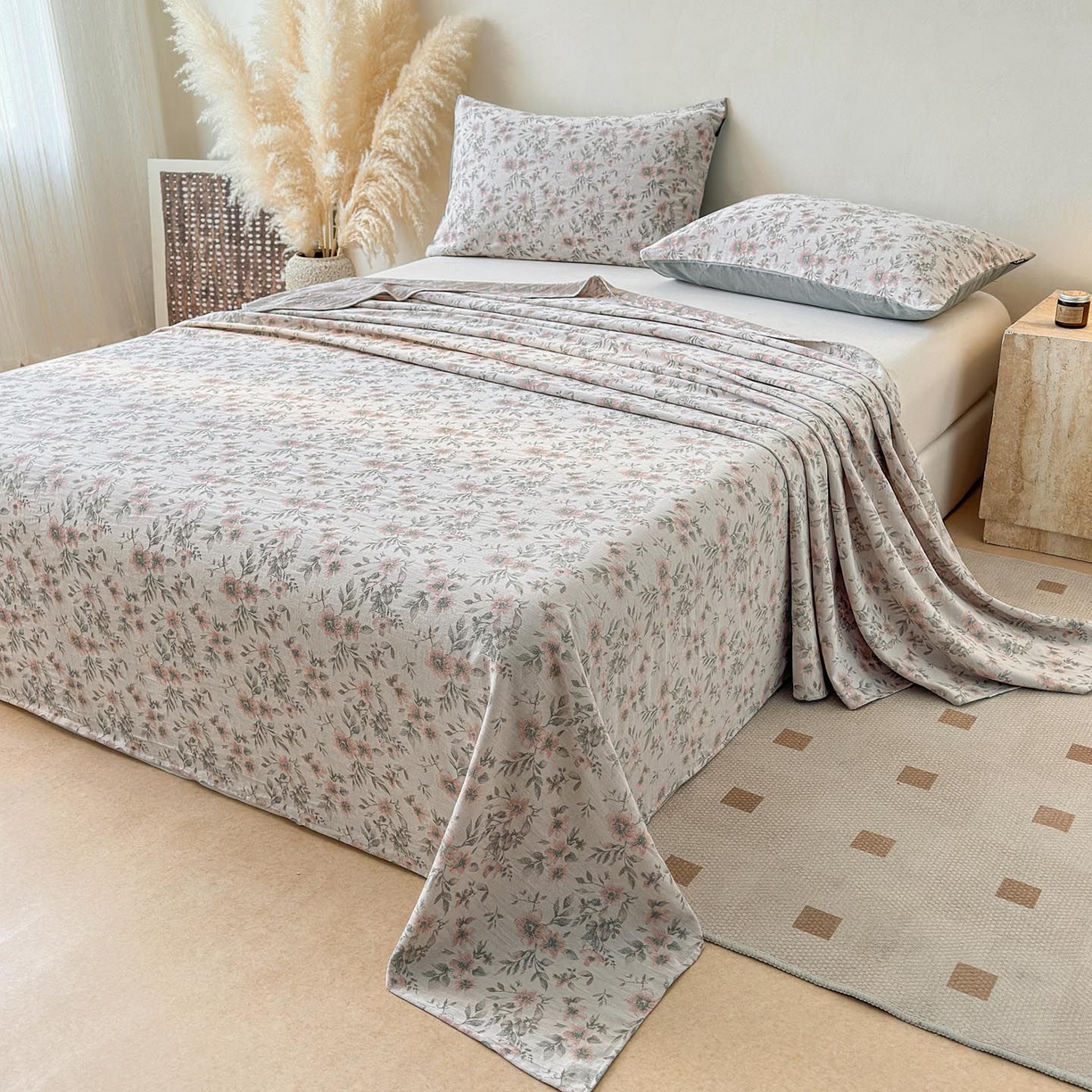 91家纺网 家纺一手货源 找家纺 涵宸家纺 2026新款全棉提花色坊系列单床单 床单-素薇-粉绿