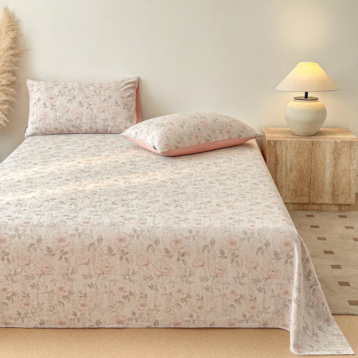 91家纺网 家纺一手货源 找家纺 涵宸家纺 2026新款全棉提花色坊系列单床单 床单-繁花盈然-粉