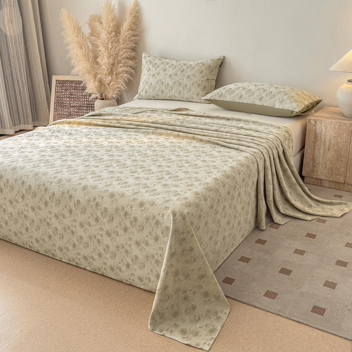 91家纺网 家纺一手货源 找家纺 涵宸家纺 2026新款全棉提花色坊系列单床单 床单-若梦-绿