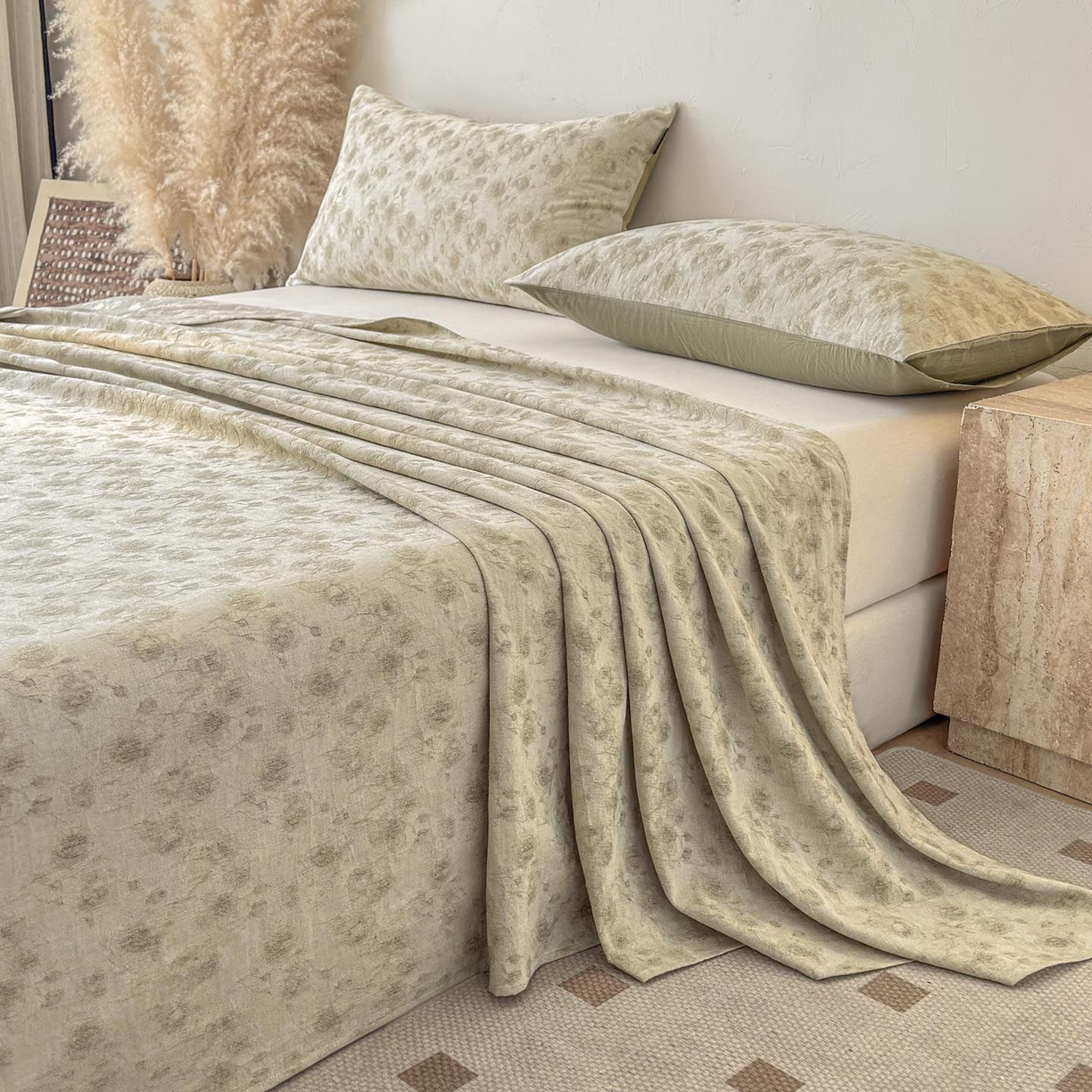 91家纺网 家纺一手货源 找家纺 涵宸家纺 2026新款全棉提花色坊系列单床单 床单-若梦-绿