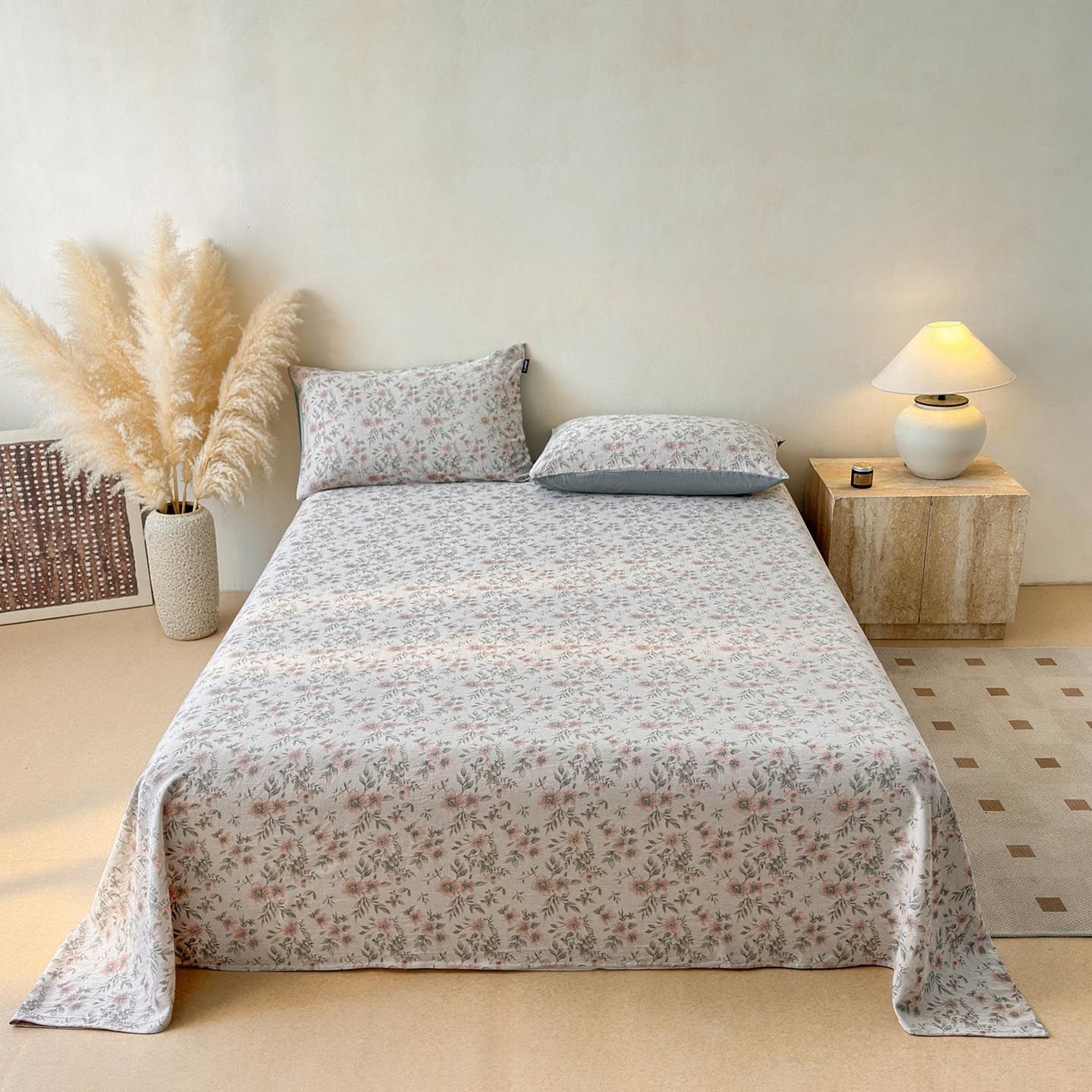 91家纺网 家纺一手货源 找家纺 涵宸家纺 2026新款全棉提花色坊系列单床单 床单-素薇-粉绿