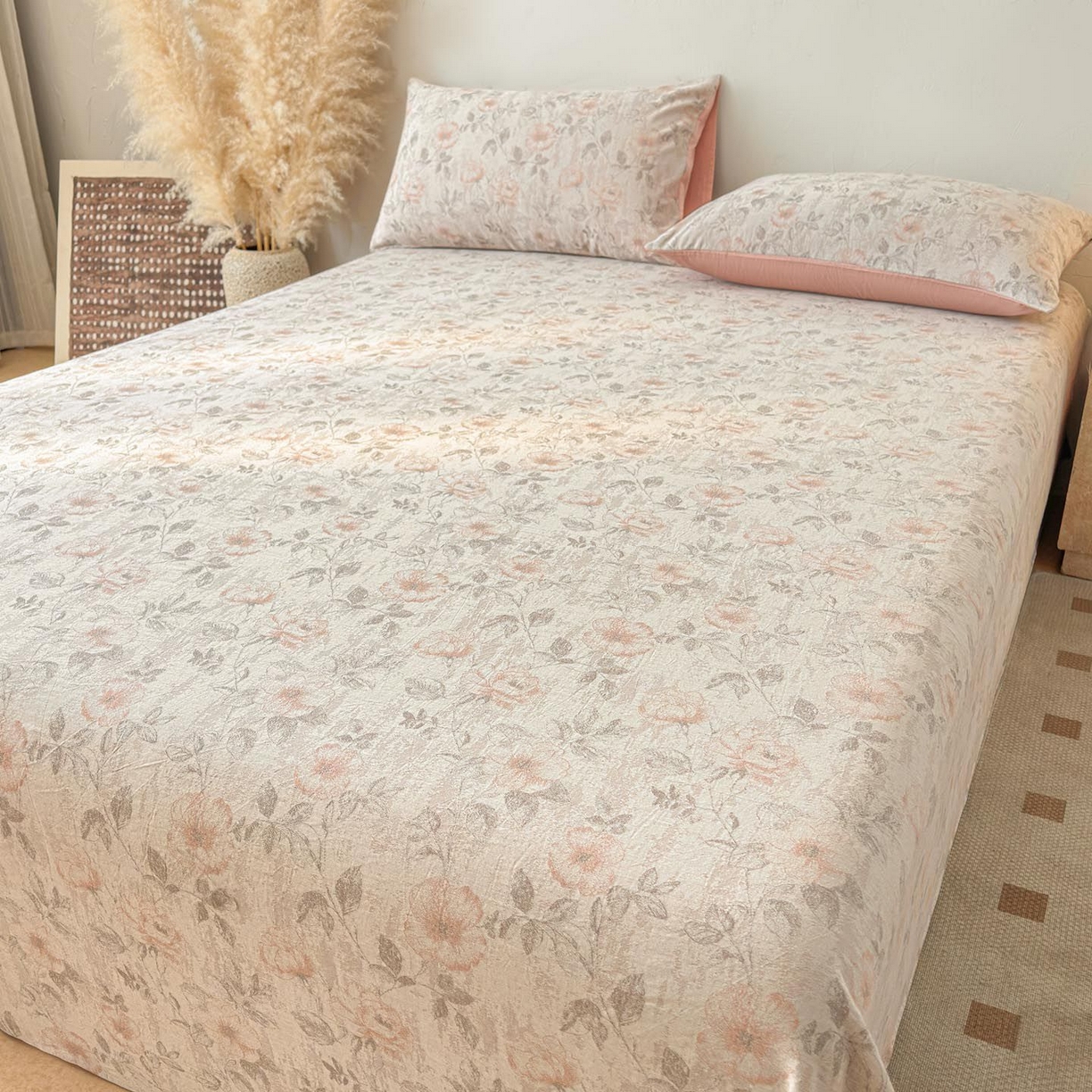 91家纺网 家纺一手货源 找家纺 涵宸家纺 2026新款全棉提花色坊系列单床单 床单-繁花盈然-粉