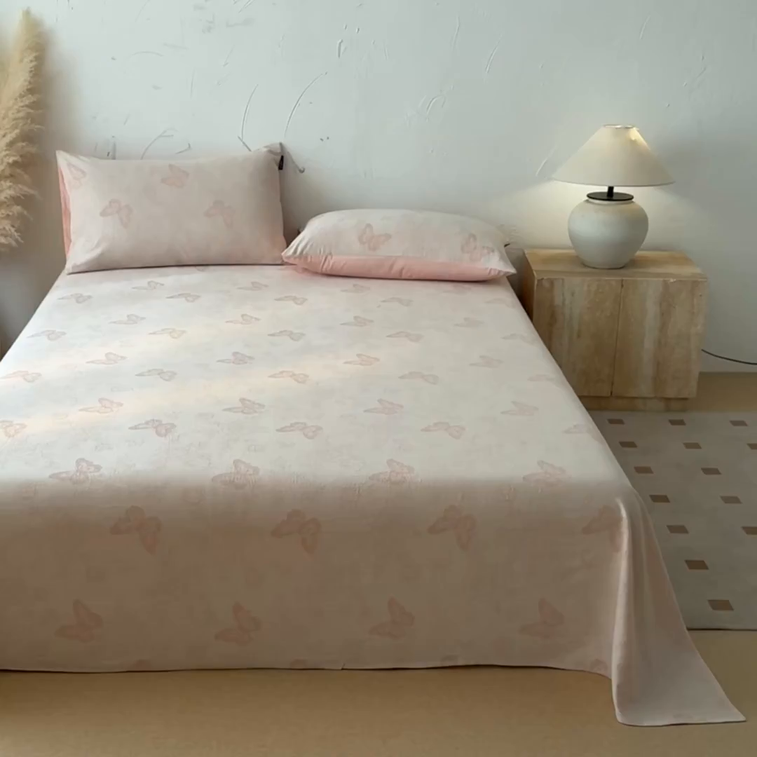 91家纺网 家纺一手货源 找家纺 涵宸家纺 2026新款全棉提花色坊系列单床单 床单-玫瑰花蝶-粉