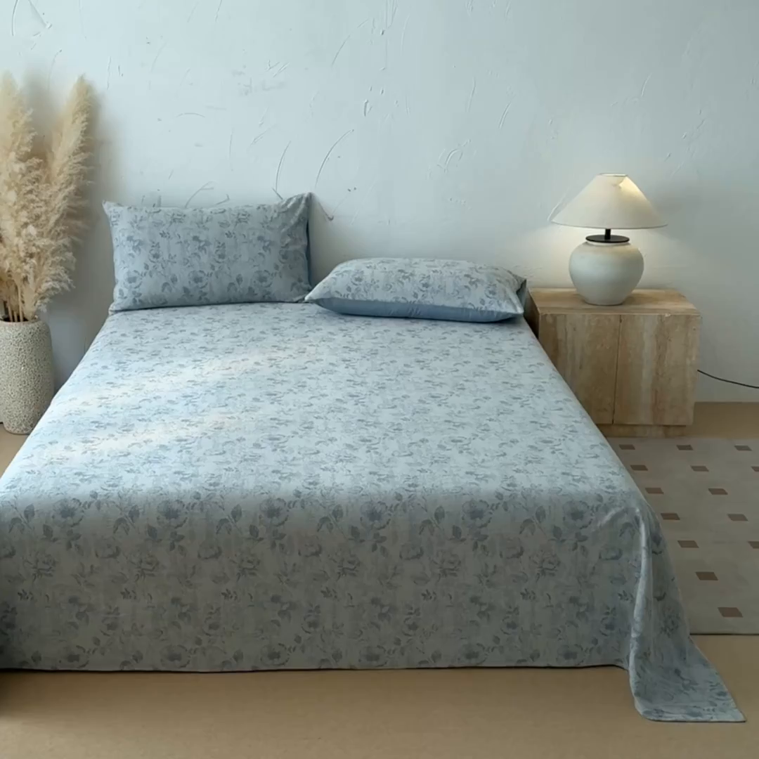 91家纺网 家纺一手货源 找家纺 涵宸家纺 2026新款全棉提花色坊系列单床单 床单-繁花盈然-蓝