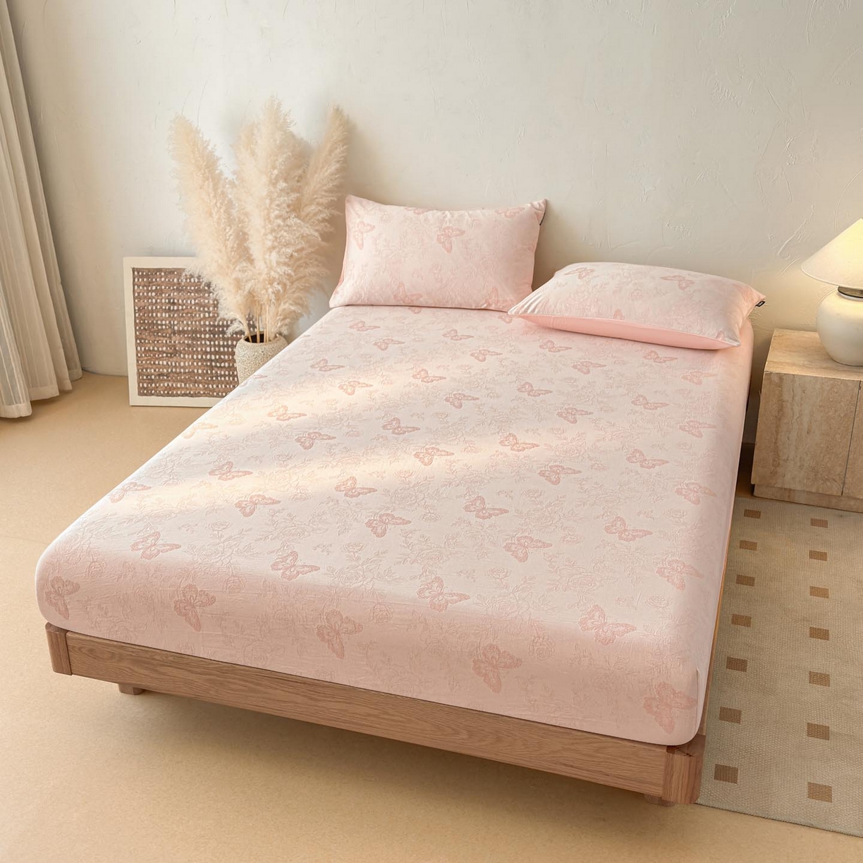 91家纺网 家纺一手货源 找家纺 涵宸家纺 2026新款全棉提花色坊系列单床笠 床笠-玫瑰花蝶-粉