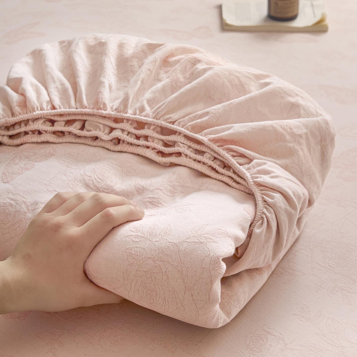 涵宸家纺 2026新款全棉提花色坊系列单床笠 床笠-玫瑰花蝶-粉