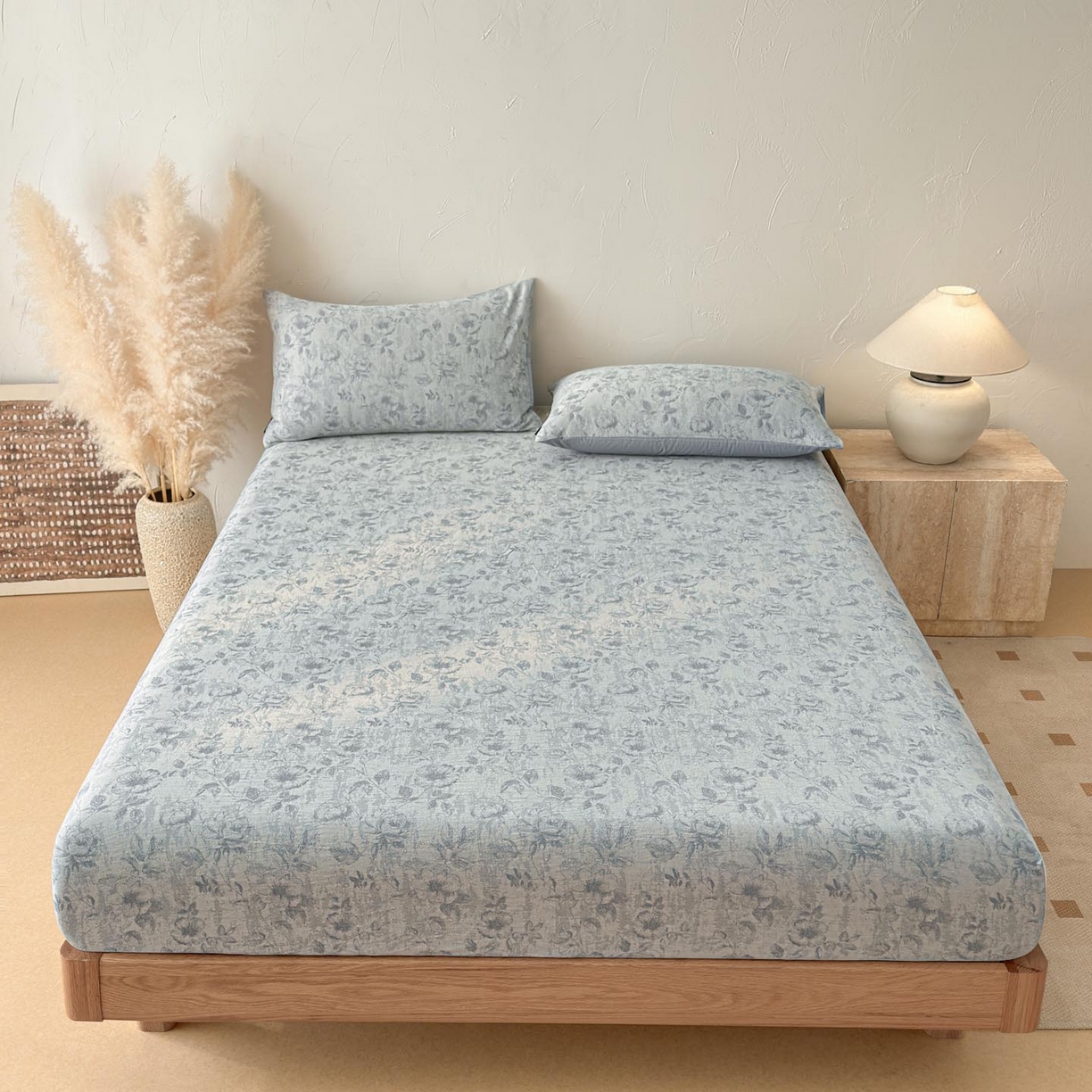 91家纺网 家纺一手货源 找家纺 涵宸家纺 2026新款全棉提花色坊系列单床笠 床笠-繁花盈然-蓝