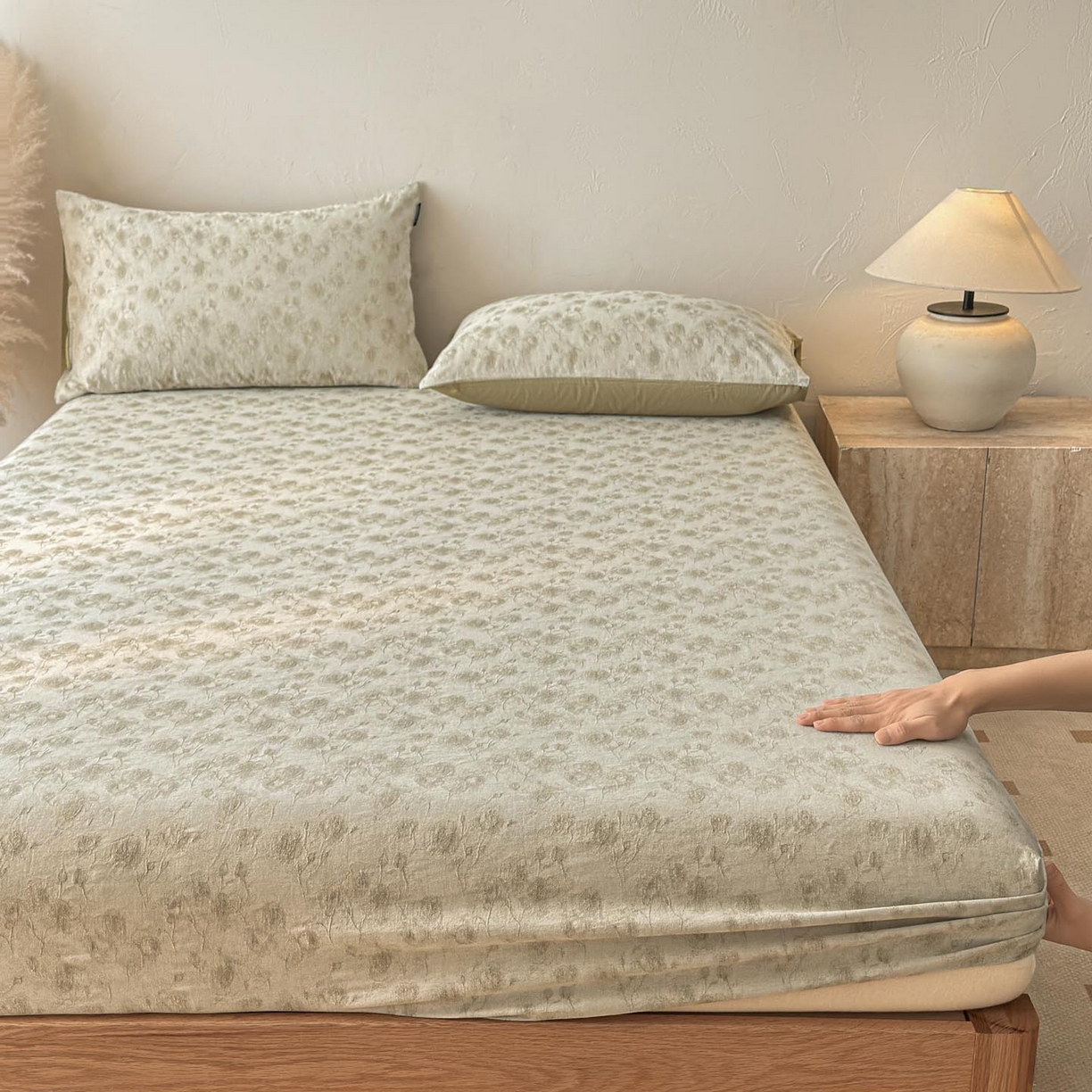 91家纺网 家纺一手货源 找家纺 涵宸家纺 2026新款全棉提花色坊系列单床笠 床笠-若梦-绿