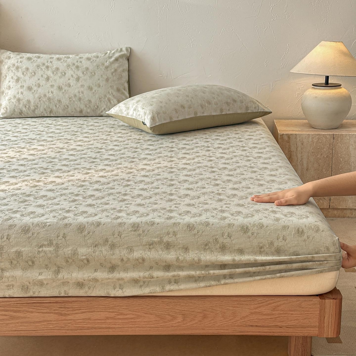 91家纺网 家纺一手货源 找家纺 涵宸家纺 2026新款全棉提花色坊系列单床笠 床笠-若梦-绿