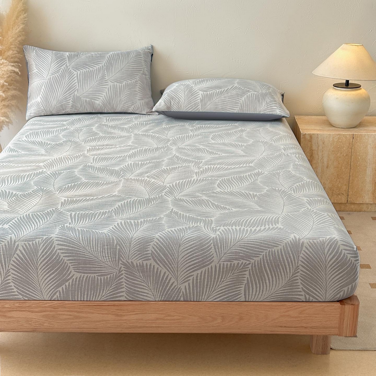 91家纺网 家纺一手货源 找家纺 涵宸家纺 2026新款全棉提花色坊系列单床笠 床笠-叶影-灰