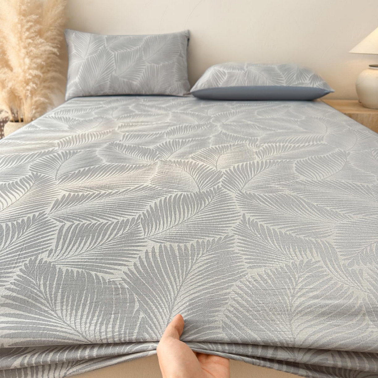 91家纺网 家纺一手货源 找家纺 涵宸家纺 2026新款全棉提花色坊系列单床笠 床笠-叶影-灰