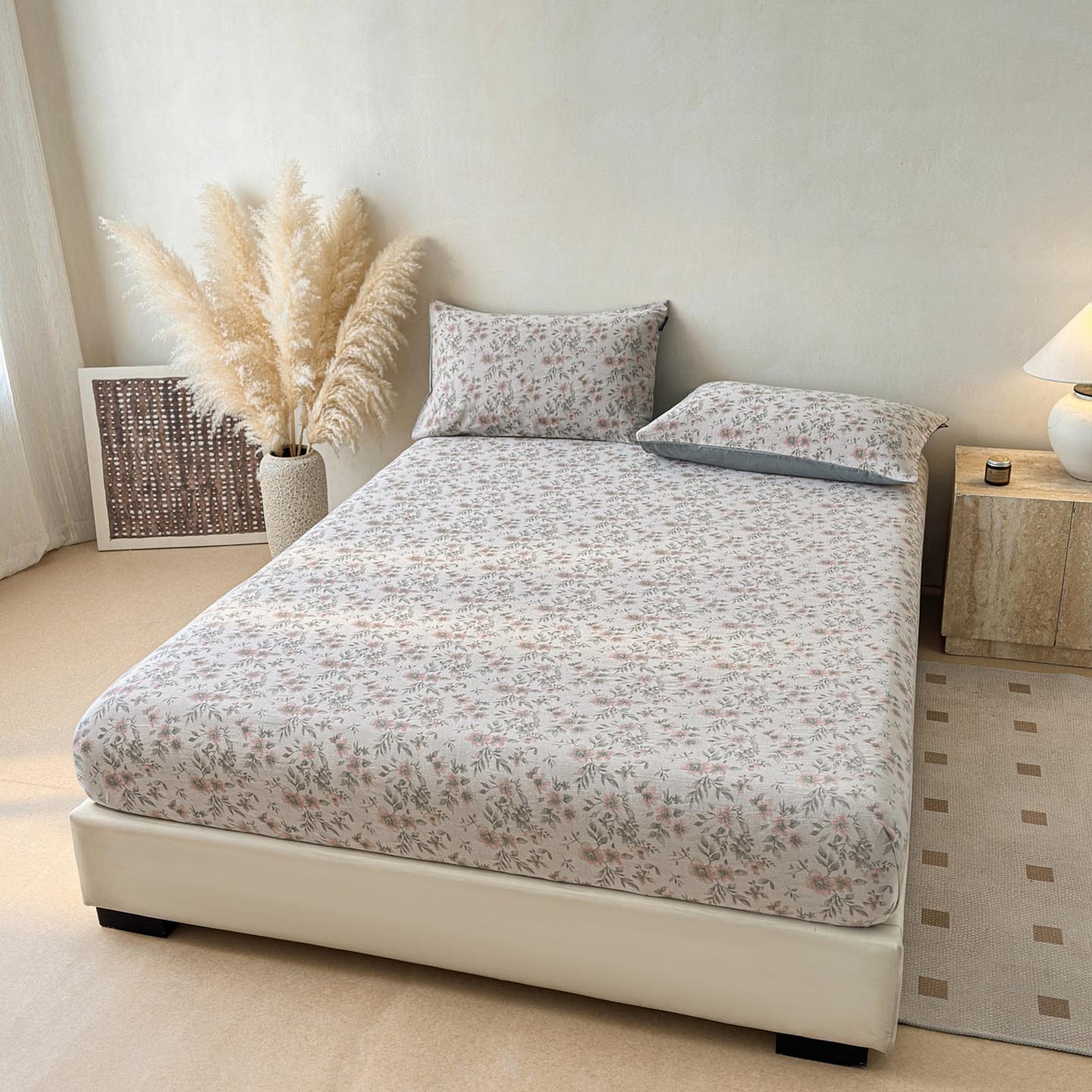 91家纺网 家纺一手货源 找家纺 涵宸家纺 2026新款全棉提花色坊系列单床笠 床笠-素薇-粉绿