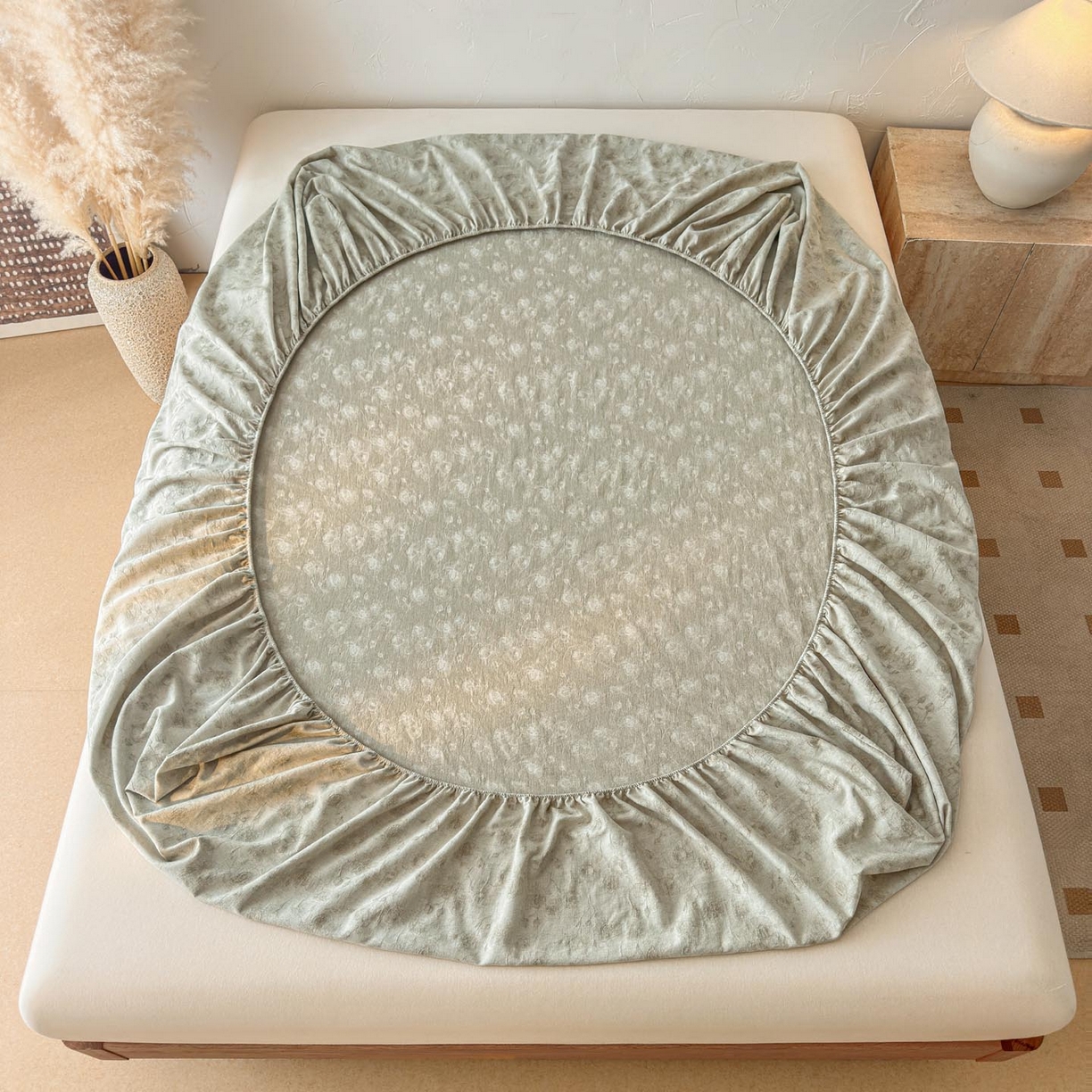 91家纺网 家纺一手货源 找家纺 涵宸家纺 2026新款全棉提花色坊系列单床笠 床笠-若梦-绿