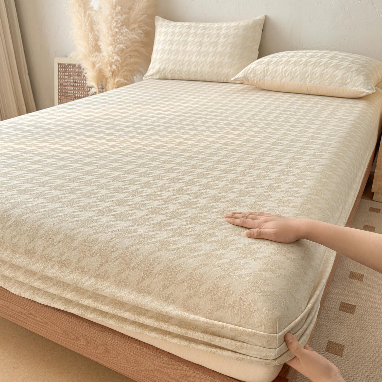 91家纺网 家纺一手货源 找家纺 涵宸家纺 2026新款全棉提花色坊系列单床笠 床笠-千熙-香槟