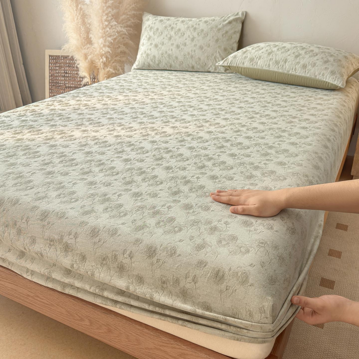 91家纺网 家纺一手货源 找家纺 涵宸家纺 2026新款全棉提花色坊系列单床笠 床笠-若梦-绿