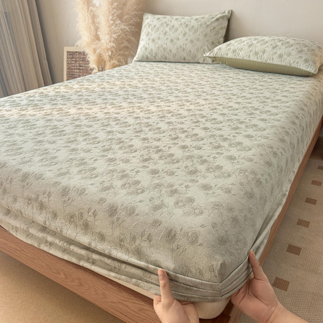 91家纺网 家纺一手货源 找家纺 涵宸家纺 2026新款全棉提花色坊系列单床笠 床笠-若梦-绿