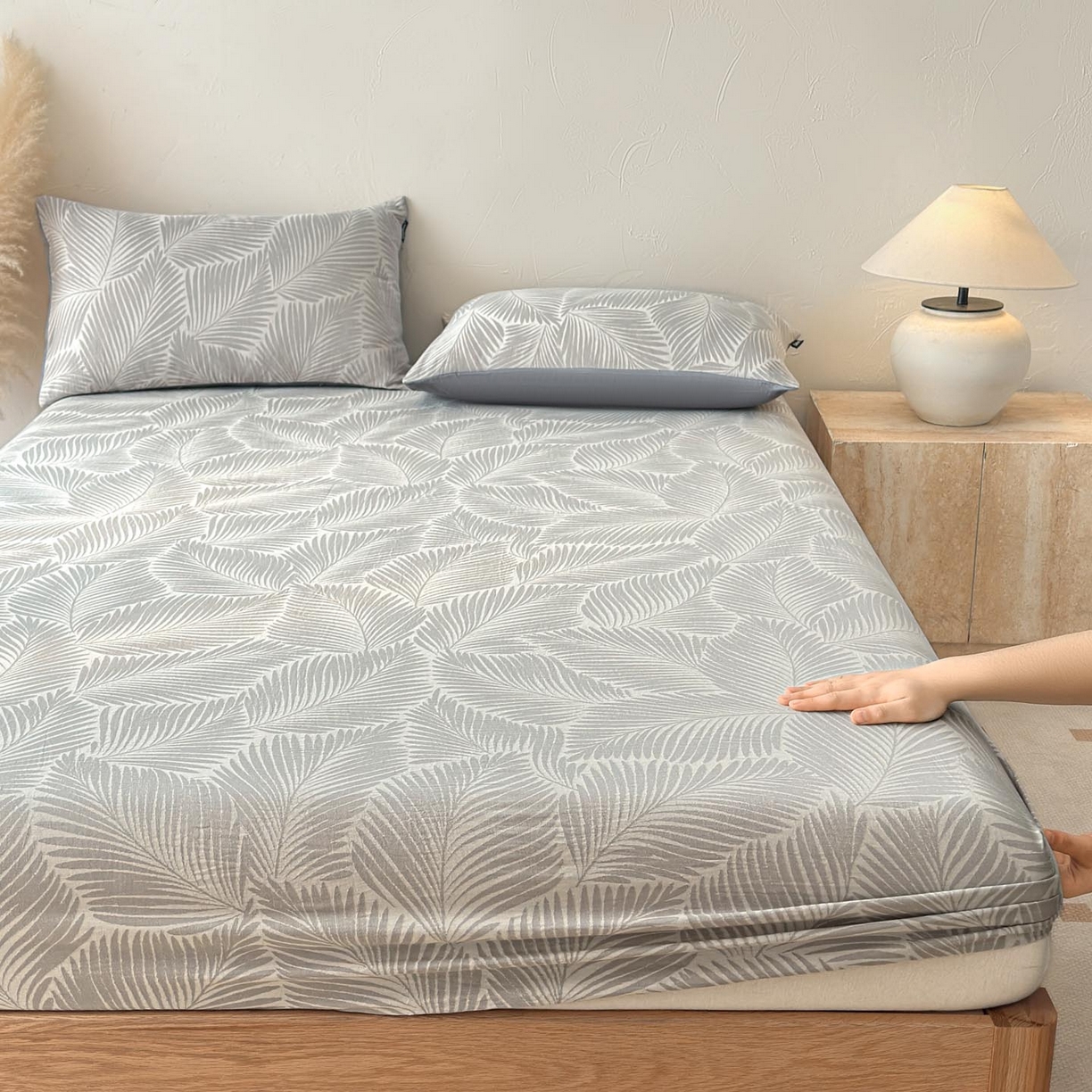 91家纺网 家纺一手货源 找家纺 涵宸家纺 2026新款全棉提花色坊系列单床笠 床笠-叶影-灰